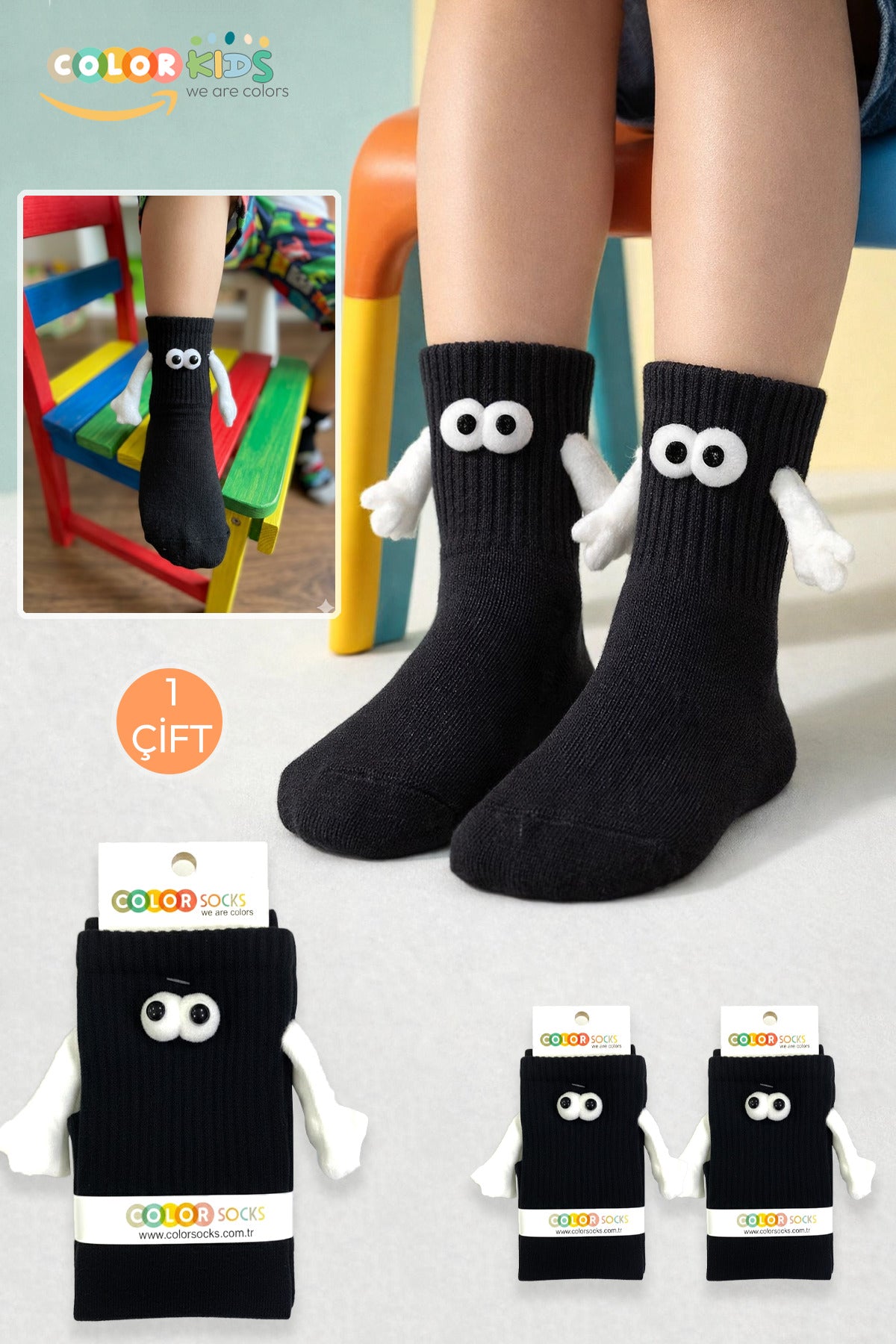 Color Socks Siyah Çocuk Mıknatıslı El Ele Tutuşan Çoraplar (Topuksuz) Siyah