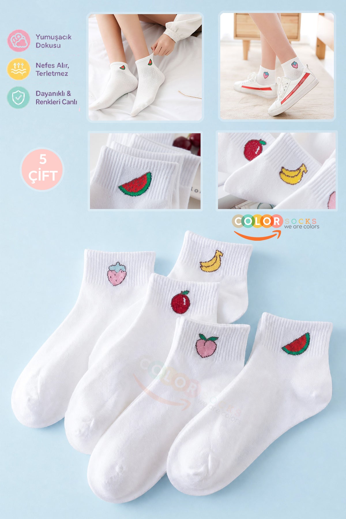 Color Socks 5'li Paket Meyve Desenli Yazlık Yarım Kadın Çorap (Extra Soft) Beyaz