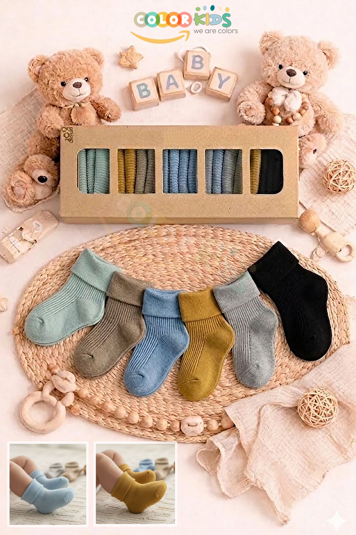 Color Socks 🍼 6 Çift Erkek Bebek Yeni Doğan Organik Kutulu Çorap Çok Renkli