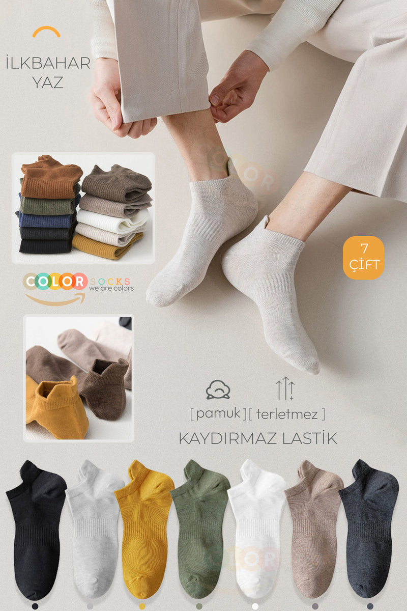 Color Socks 7 Çift Günlük Erkek Patik Çorap Seti (KAYDIRMAZ LASTİK) Çok Renkli