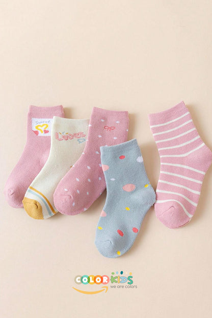 Color Socks 5 Çift Puantiyeli Desenli Kız Çocuk İçi Polarlı Kışlık Çorap Çok Renkli