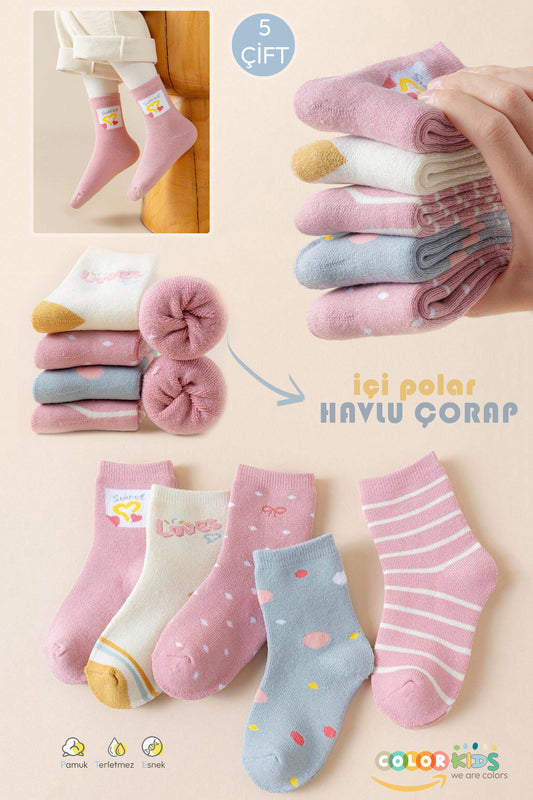 Color Socks 5 Çift Puantiyeli Desenli Kız Çocuk İçi Polarlı Kışlık Çorap Çok Renkli