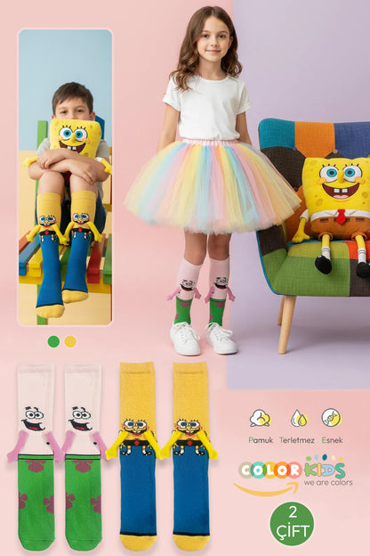 Color Socks 2 Çift Çocuk Sevimli Kahramanlar El Ele Tutuşan Çorap Seti (Topuksuz) Çok Renkli