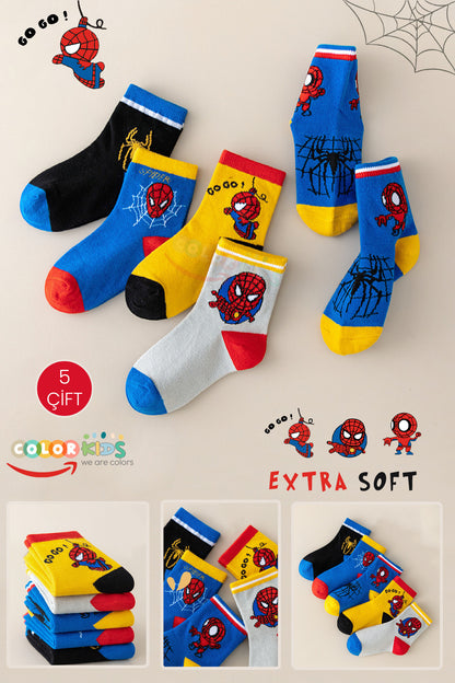 Color Socks 5 Çift Örümcek Karakterli Çocuk Çorap Seti Çok Renkli