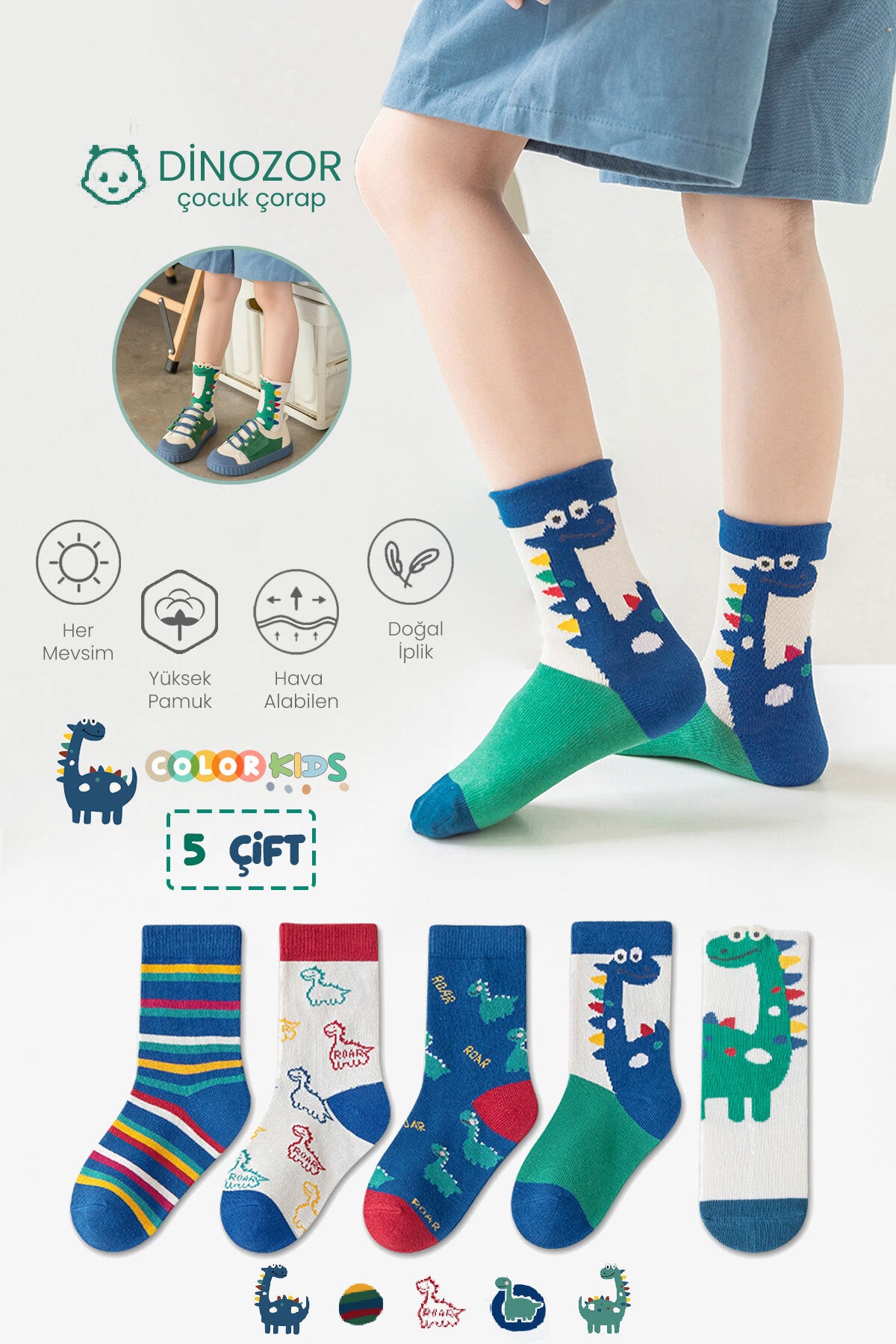 Color Socks 5 Çift Dinozor Çocuk Çorap Seti (Comfort Kids) Karışık