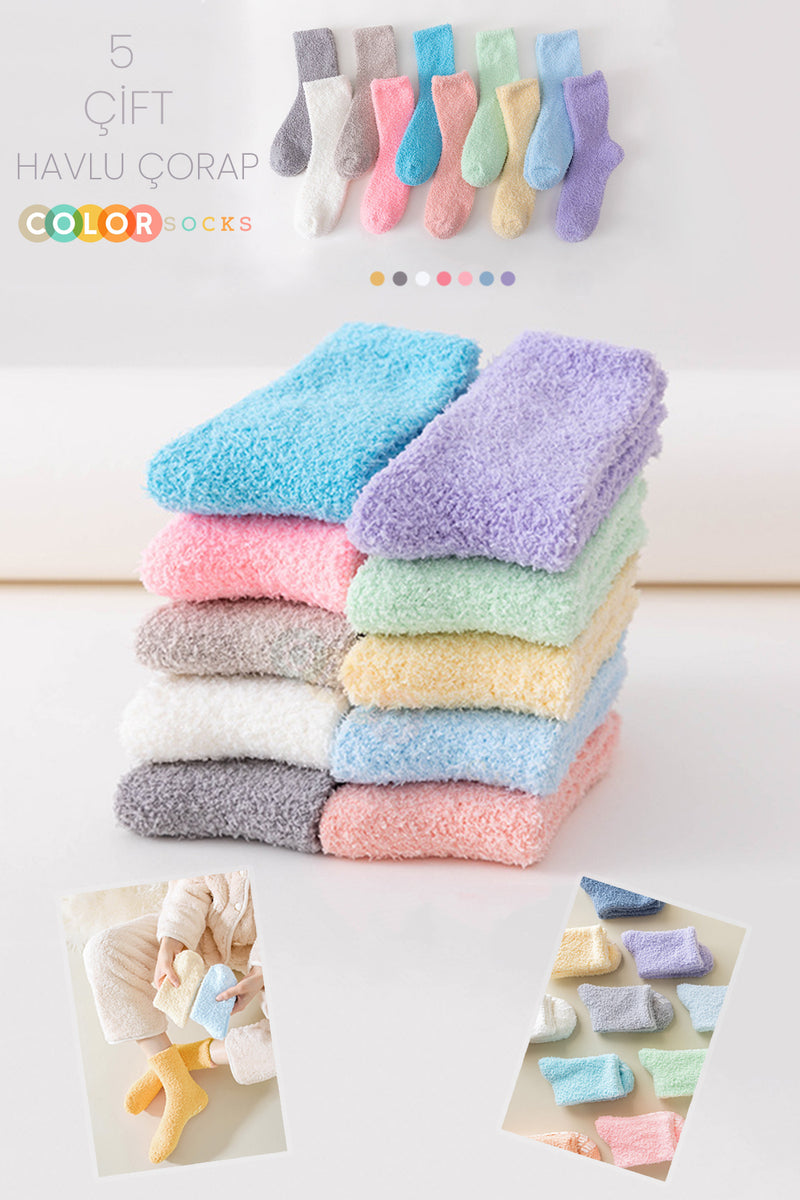 Color Socks 5 Çift Sonbahar ve Kışlık Kadın Havlu Çorap Seti (Extra Yumuşak) Karışık