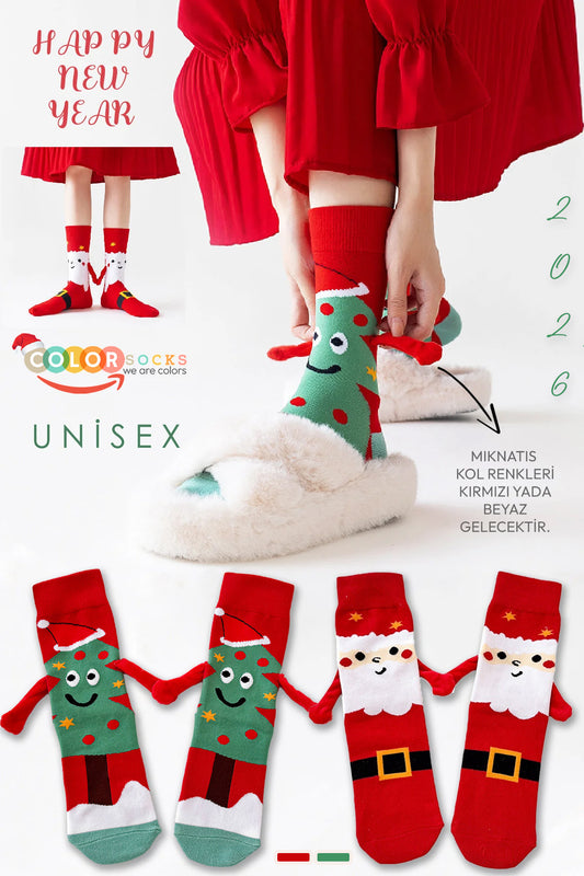 Color Socks 2 Çift Yılbaşı Unisex El Ele Tutuşan Özel Konsept Çorap Seti (Topuksuz) Karışık