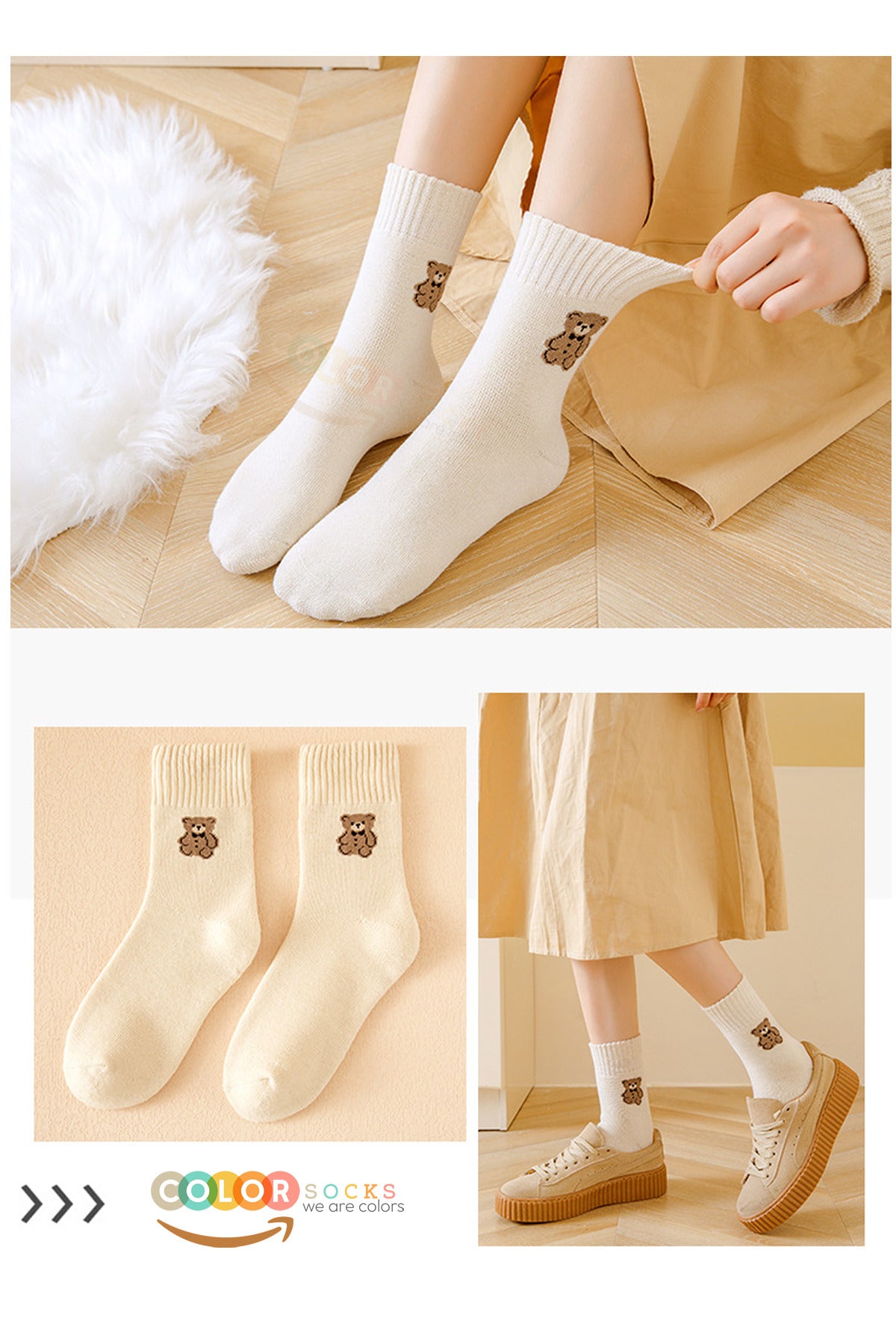 Color Socks 5 Çift Havlu Teddy Desenli Kışlık Kadın Çorap (Isı Emici) Çok Renkli