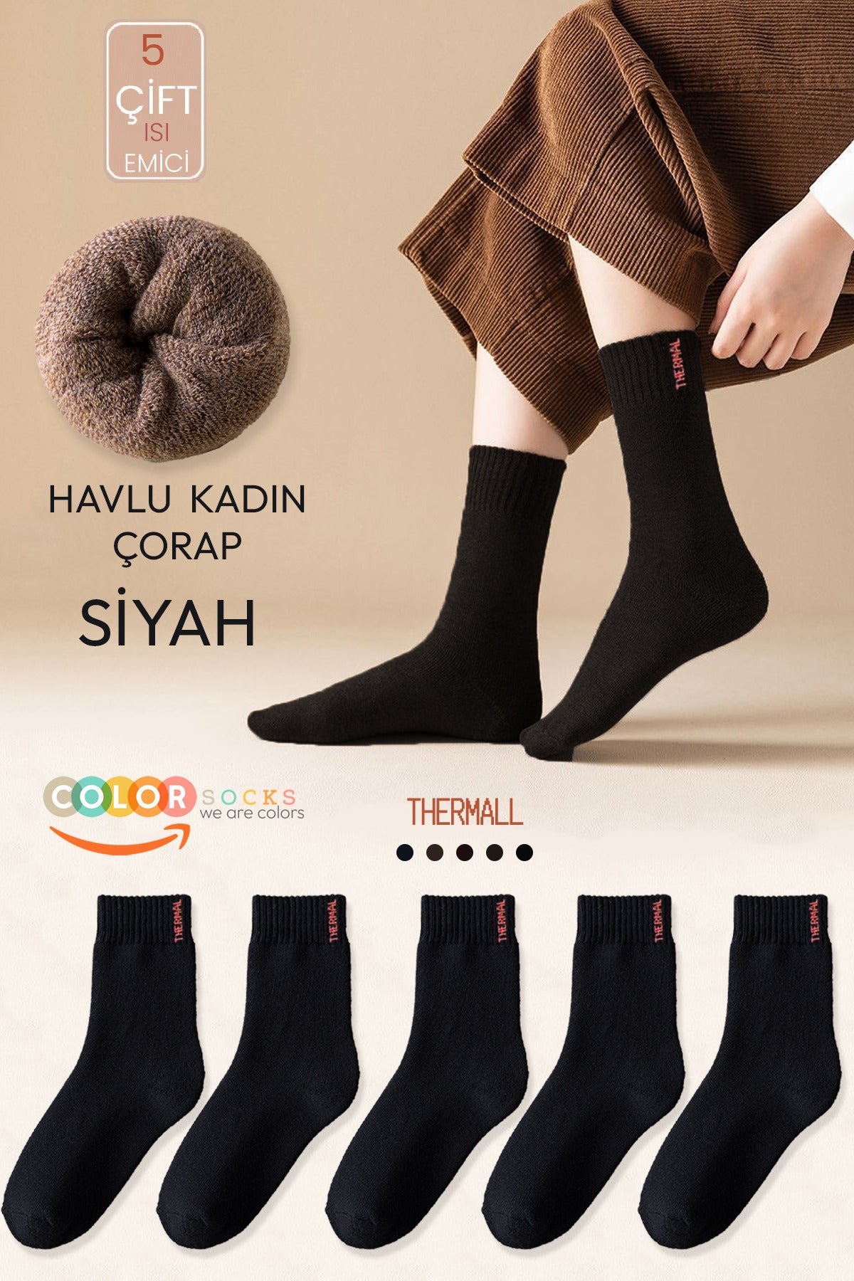 Color Socks 5 Çift Siyah Termal Kadın Havlu Kışlık Çorap (ISI EMİCİ) Çok Renkli