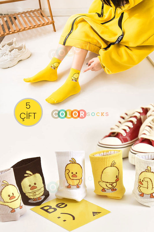 Color Socks 5 Çift Civciv Desenli Kadın Kolej Çorap Karışık Renk