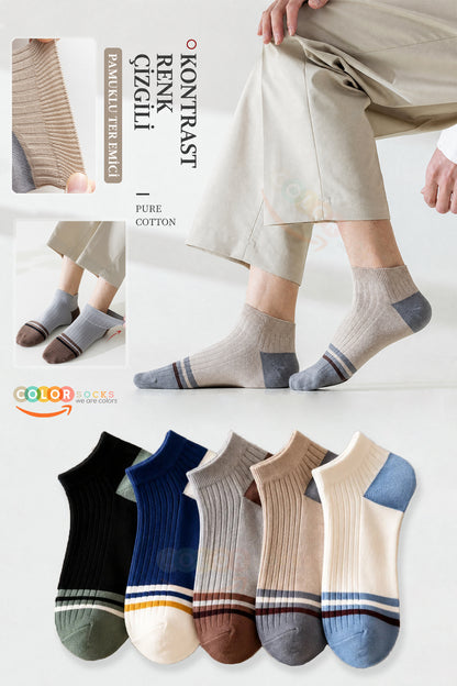 Color Socks 5 Çift Kontrast Çizgili Erkek Patik Çorap (Extra Soft) Çok Renkli