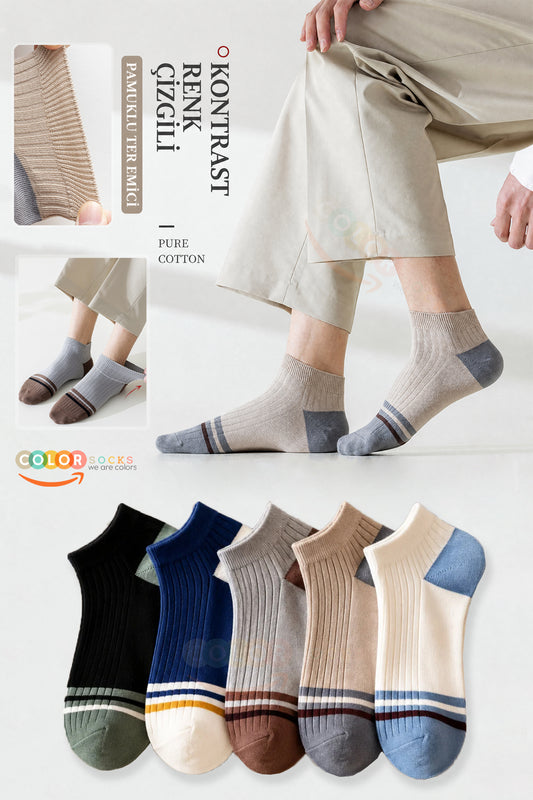 Color Socks 5 Çift Kontrast Çizgili Erkek Patik Çorap (Extra Soft) Çok Renkli