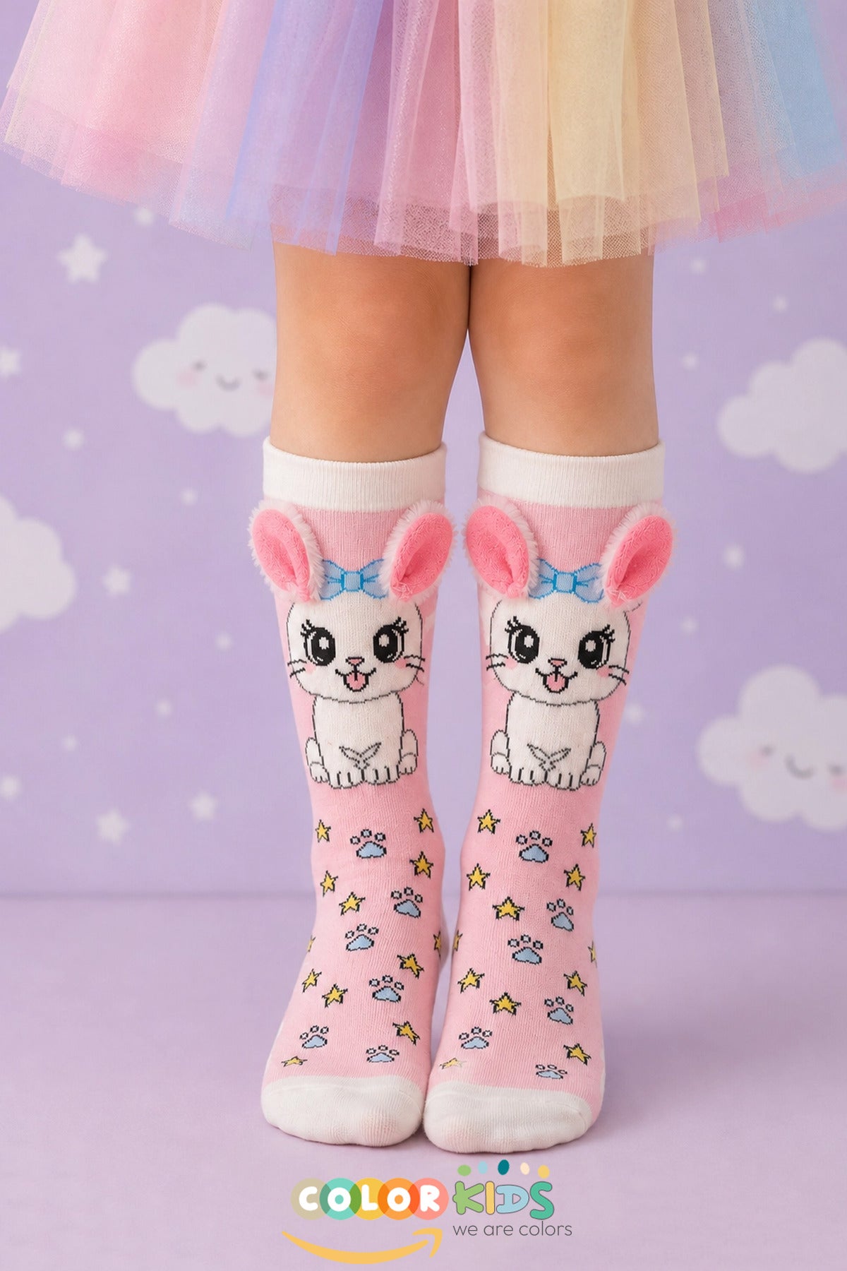 Color Socks 🌞 1 Çift Kedi Peluş Pembe Renk Kulaklı Çocuk Çorap (Topuksuz) Pembe