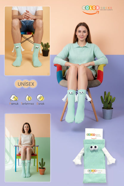 Color Socks 1 Çift Turkuaz El Ele Tutuşan Gözlü Mıknatıslı Çorap Seti (UNİSEX) Turkuaz