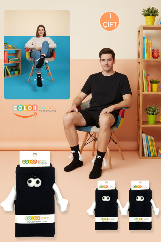 Color Socks 1 Çift Siyah El Ele Tutuşan Gözlü Mıknatıslı Çorap Seti (UNİSEX) Siyah