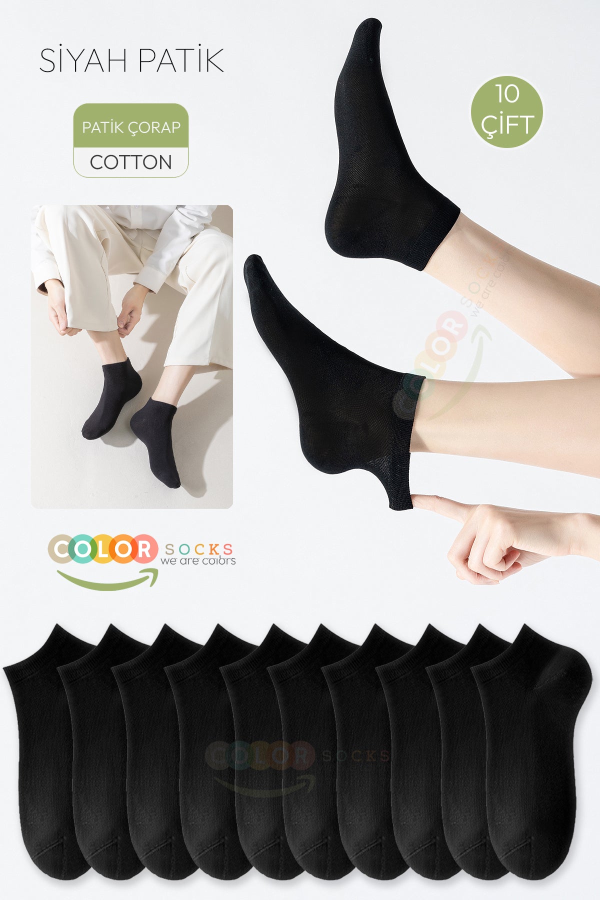 Color Socks 10 Çift [Siyah] Penye Pamuklu Likralı Kadın Patik Çorap Siyah
