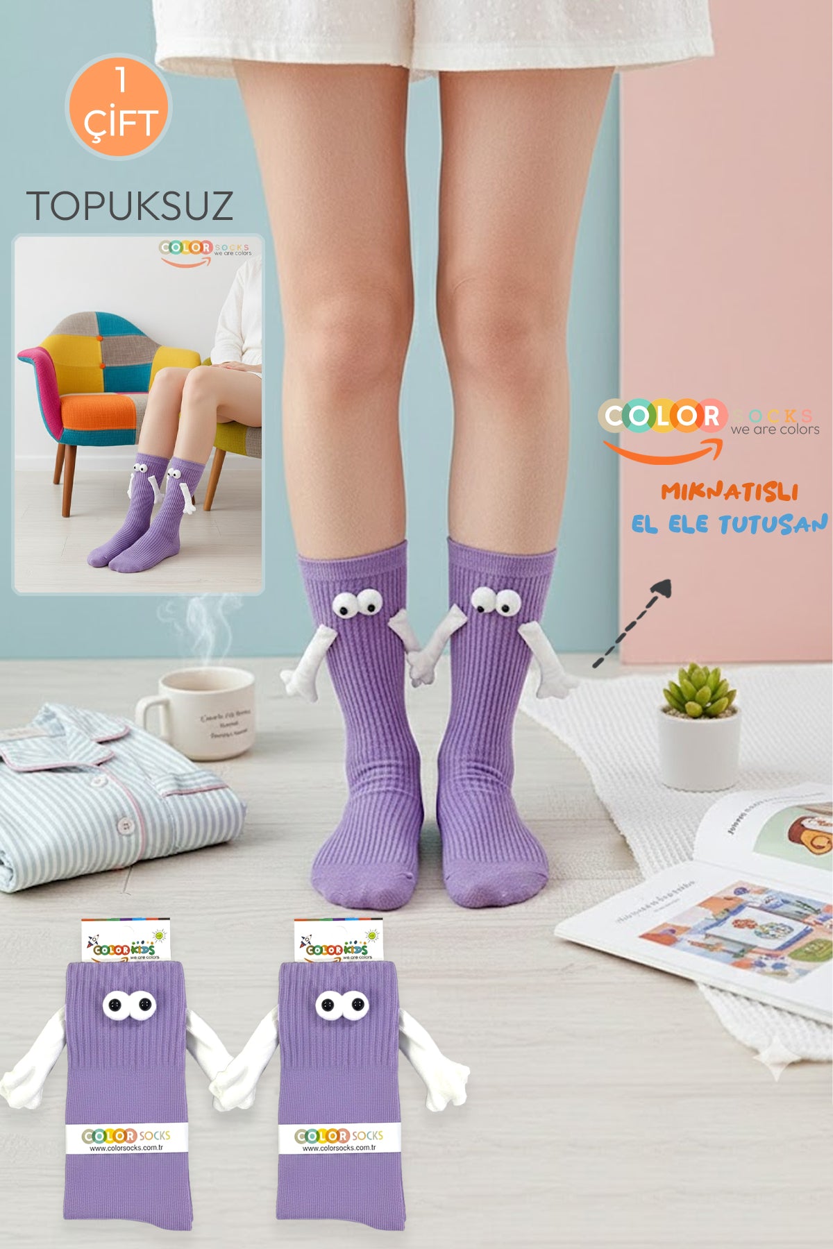 Color Socks 1 Çift Mor El Ele Tutuşan Gözlü Mıknatıslı Çorap Seti (UNİSEX) Mor