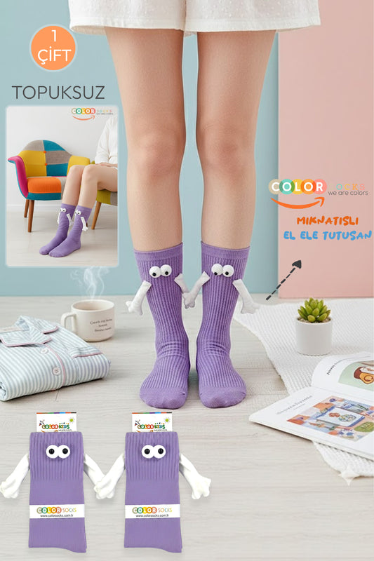 Color Socks 1 Çift Mor El Ele Tutuşan Gözlü Mıknatıslı Çorap Seti (UNİSEX) Mor