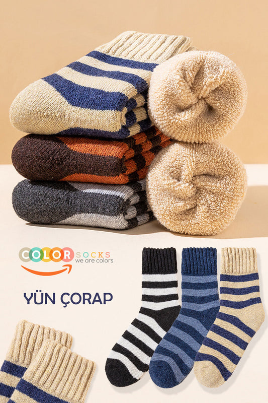 Color Socks 5 Çift Kışlık %100 Yün Çizgili Desenli Unisex Çorap Çok Renkli