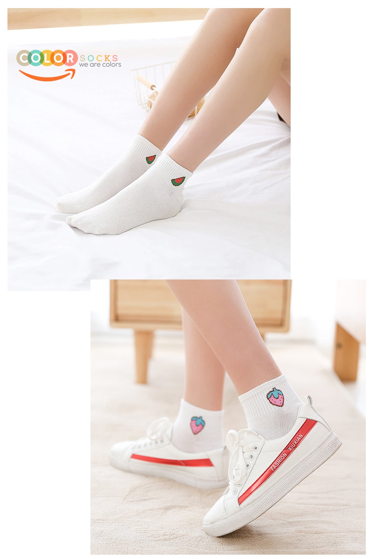 Color Socks 5'li Paket Meyve Desenli Yazlık Yarım Kadın Çorap (Extra Soft) Beyaz