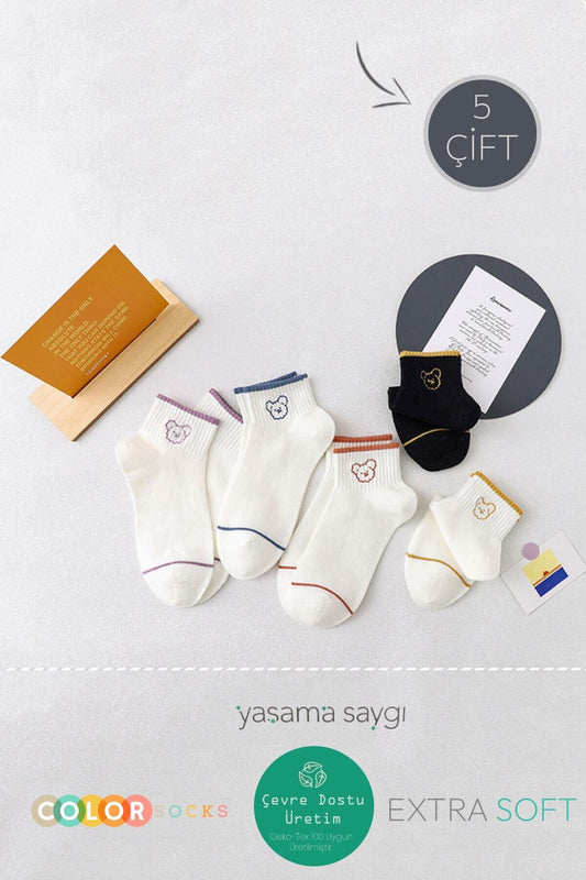 Color Socks 5 Çift Sevimli Panda Desenli Tenis Kolej Çorap (EXTRA SOFT) Çok Renkli