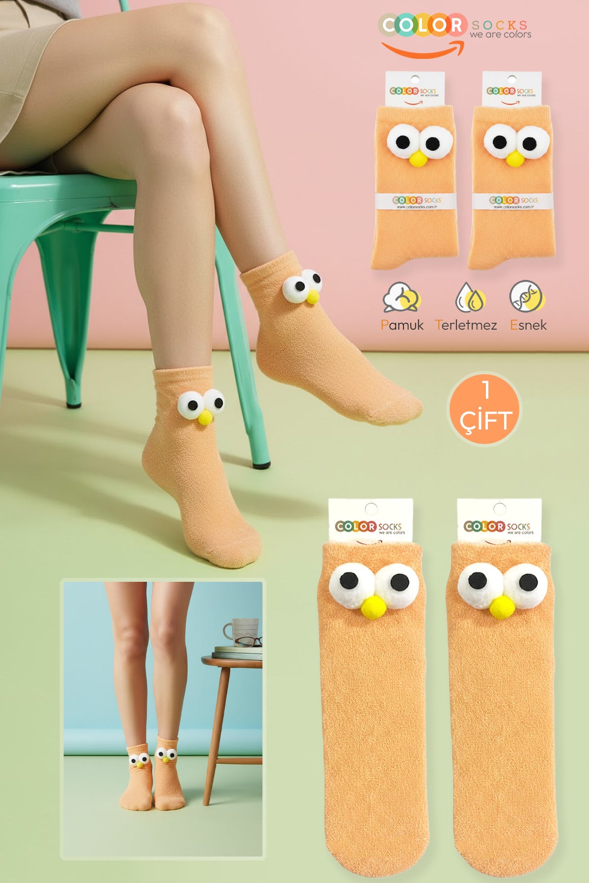 Color Socks 1 Çift Somon Kadın Gözlü Havlu Konsept Çorap (Soft Touch) Turuncu