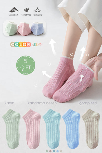 Color Socks 5 Çift Kabartma Desen Patik Extra Soft Kadın Çorap Karışık