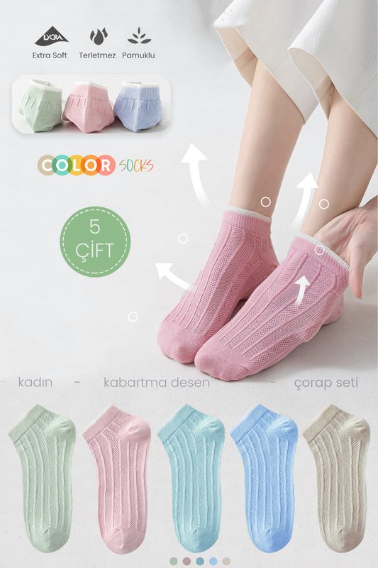 Color Socks 5 Çift Kabartma Desen Patik Extra Soft Kadın Çorap Karışık