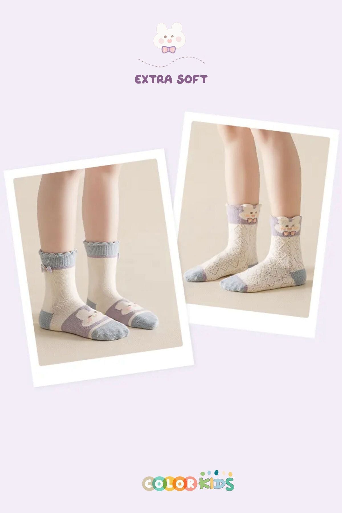 Color Socks 5 Çift Fırfır Tavşan Desenli Kız Çocuk Çorap Seti (TERLETMEZ) Karışık