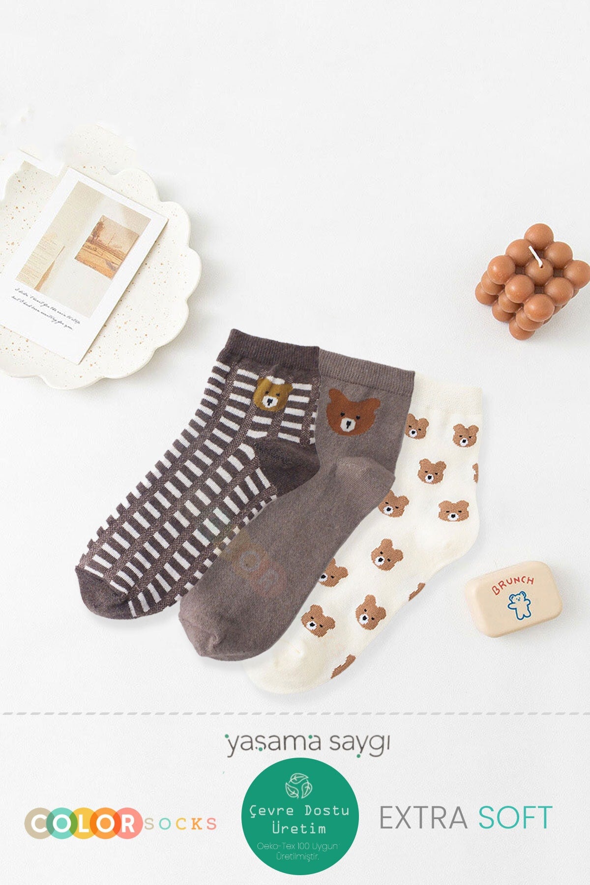 Color Socks 3'lü Sevimli Ayı Desenli Kadın Çorap (EXTRA SOFT) Çok Renkli