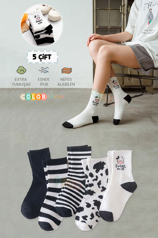 Color Socks 5 Çift Kadın Inek Desenli Çorap Beyaz Siyah