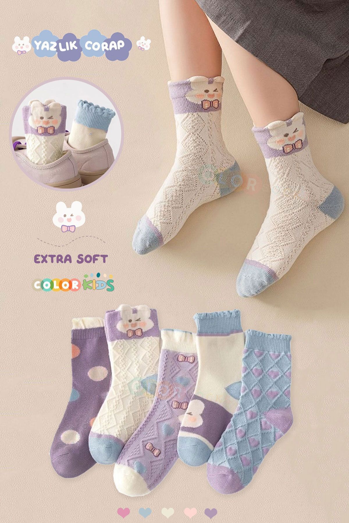 Color Socks 5 Çift Fırfır Tavşan Desenli Kız Çocuk Çorap Seti (TERLETMEZ) Karışık