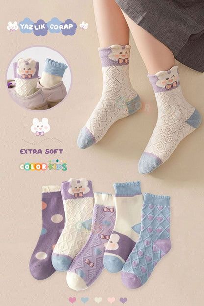 Color Socks 5 Çift Fırfır Tavşan Desenli Kız Çocuk Çorap Seti (TERLETMEZ) Karışık