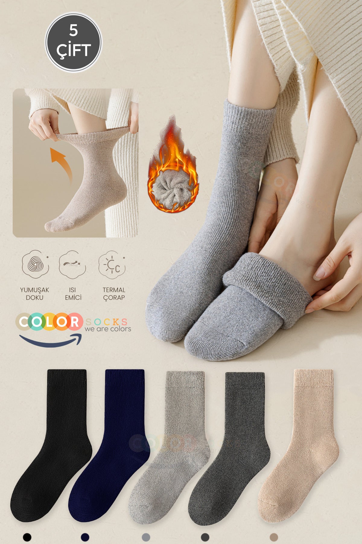 Color Socks 5 Çift Soket Kadın Havlu Kışlık Çorap Seti (Isı Emici) Çok Renkli
