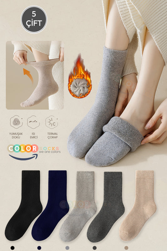 Color Socks 5 Çift Soket Kadın Havlu Kışlık Çorap Seti (Isı Emici) Çok Renkli