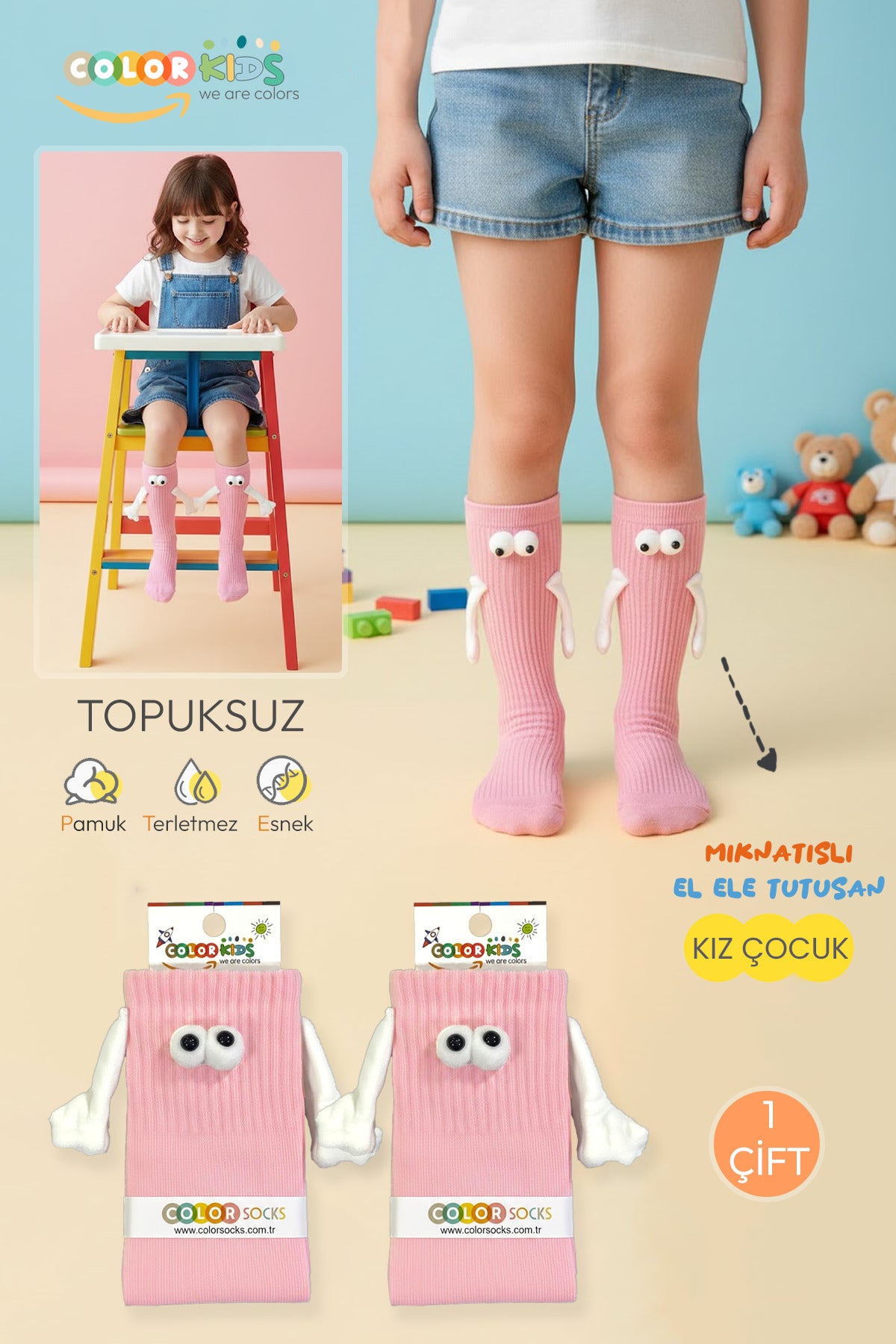 Color Socks Pembe Çocuk Mıknatıslı El Ele Tutuşan Çoraplar (Topuksuz) Pembe