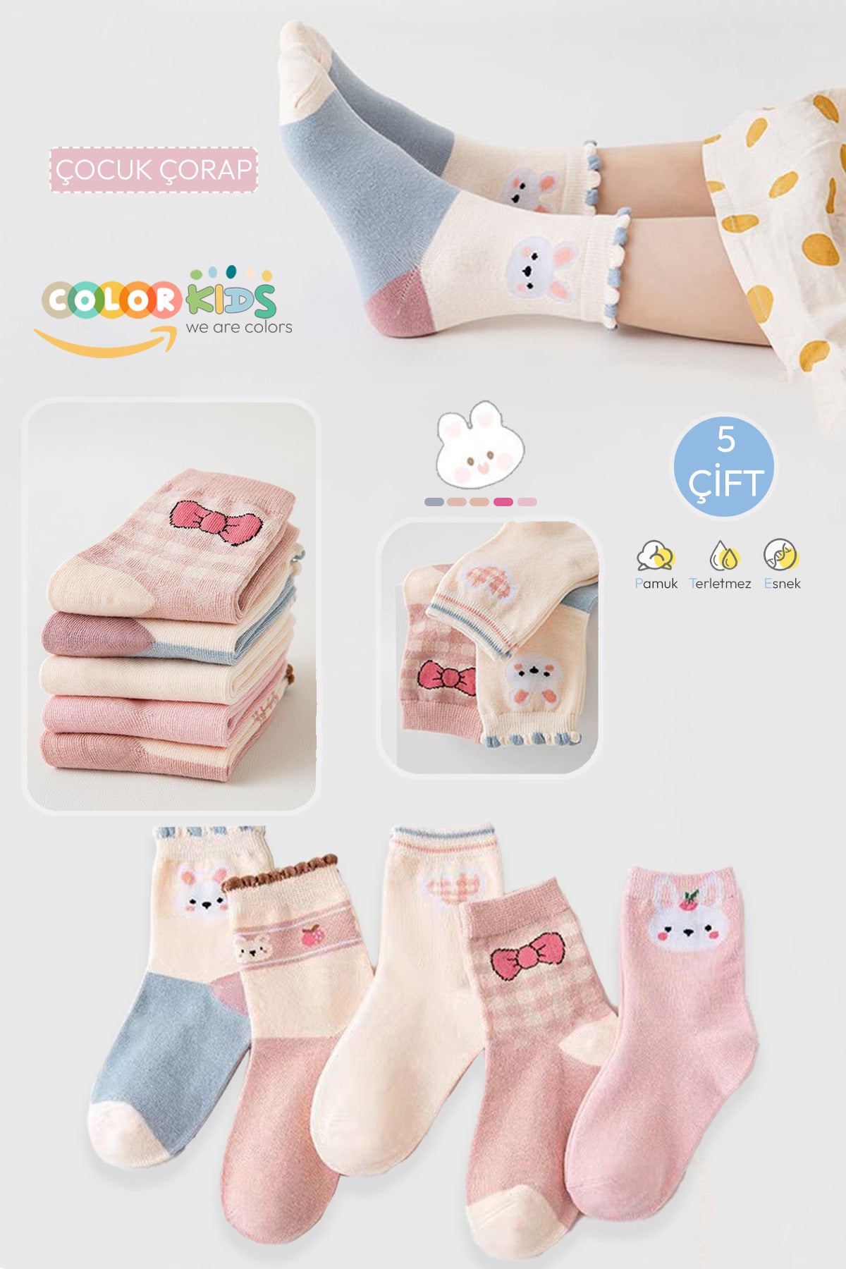 Color Socks 5 Çift Rabbit Desenli Esnek Günlük Çocuk Çorap(Extra Soft) Çok Renkli