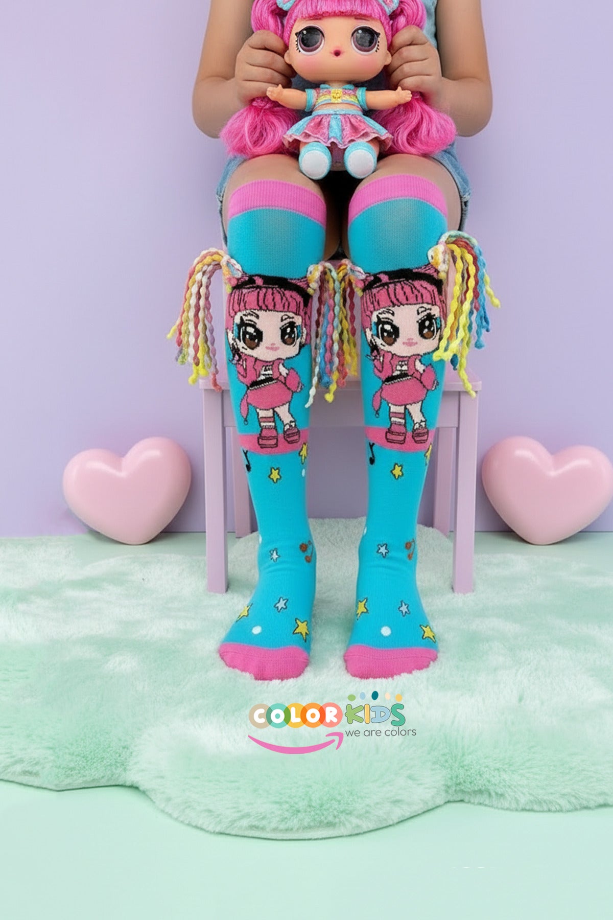 Color Socks 🎉1 Çift Örgü Saç Desenli Animasyon Kız Çocuk Çorap (Topuksuz) Turkuaz