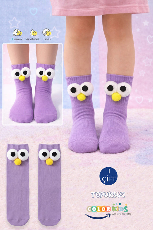 Color Socks 1 Çift Ponpon Gözlü Çocuk Kolej Çorap (Topuksuz) Mor