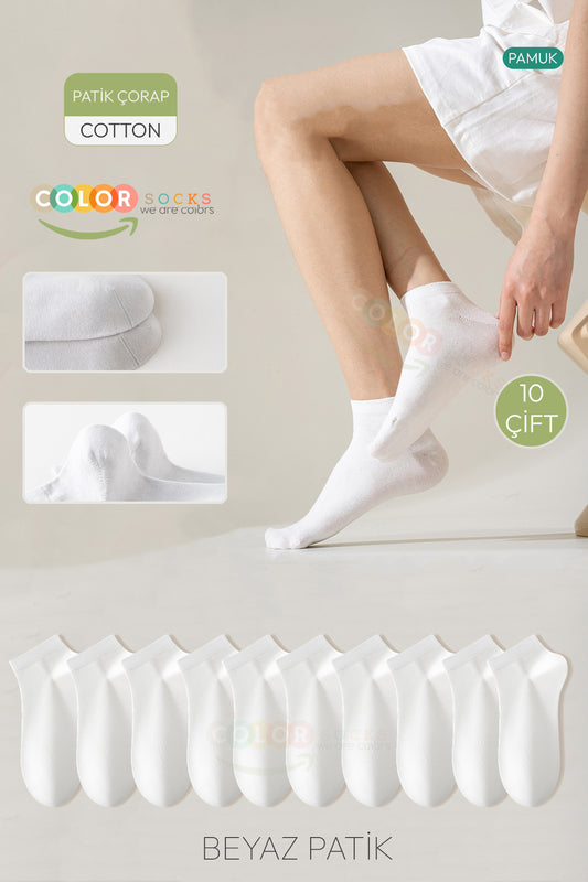 Color Socks 10 Çift [Beyaz] Penye Pamuklu Likralı Kadın Patik Çorap Beyaz