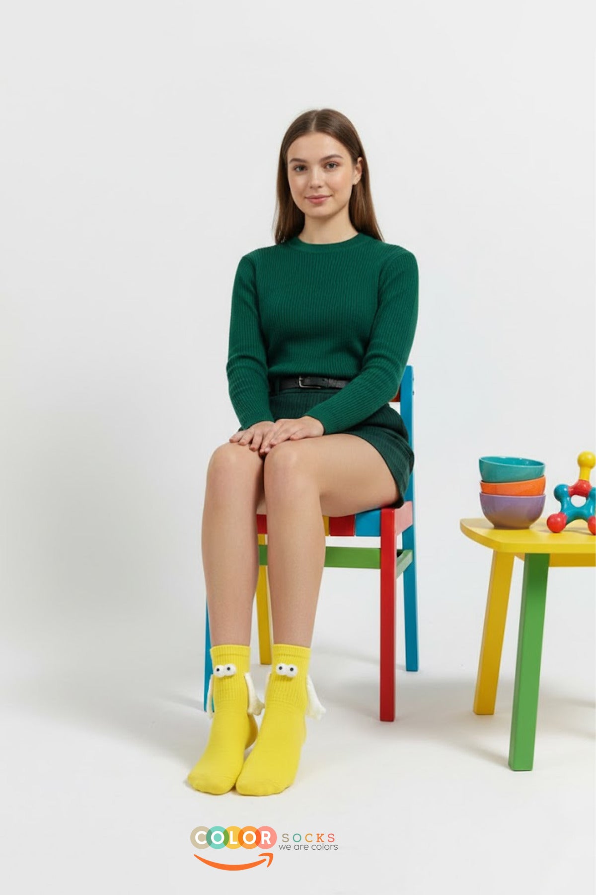Color Socks 1 Çift Sarı El Ele Tutuşan Gözlü Mıknatıslı Çorap Seti (UNİSEX) Sarı