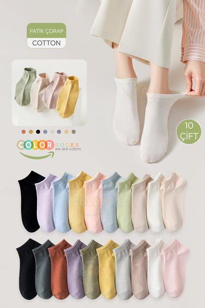 Color Socks 10 Çift Penye Pamuklu Likralı Kadın Patik Çorap Çok Renkli