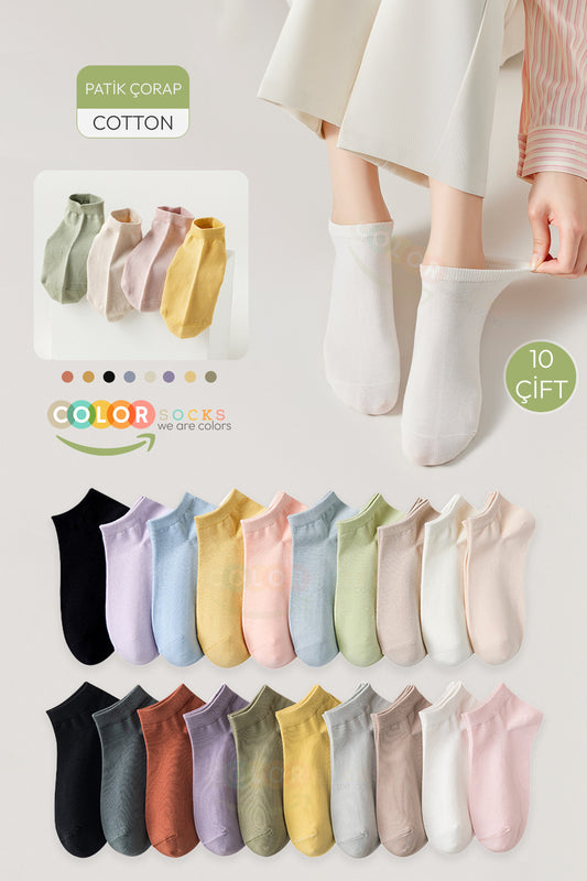 Color Socks 10 Çift Penye Pamuklu Likralı Kadın Patik Çorap Çok Renkli