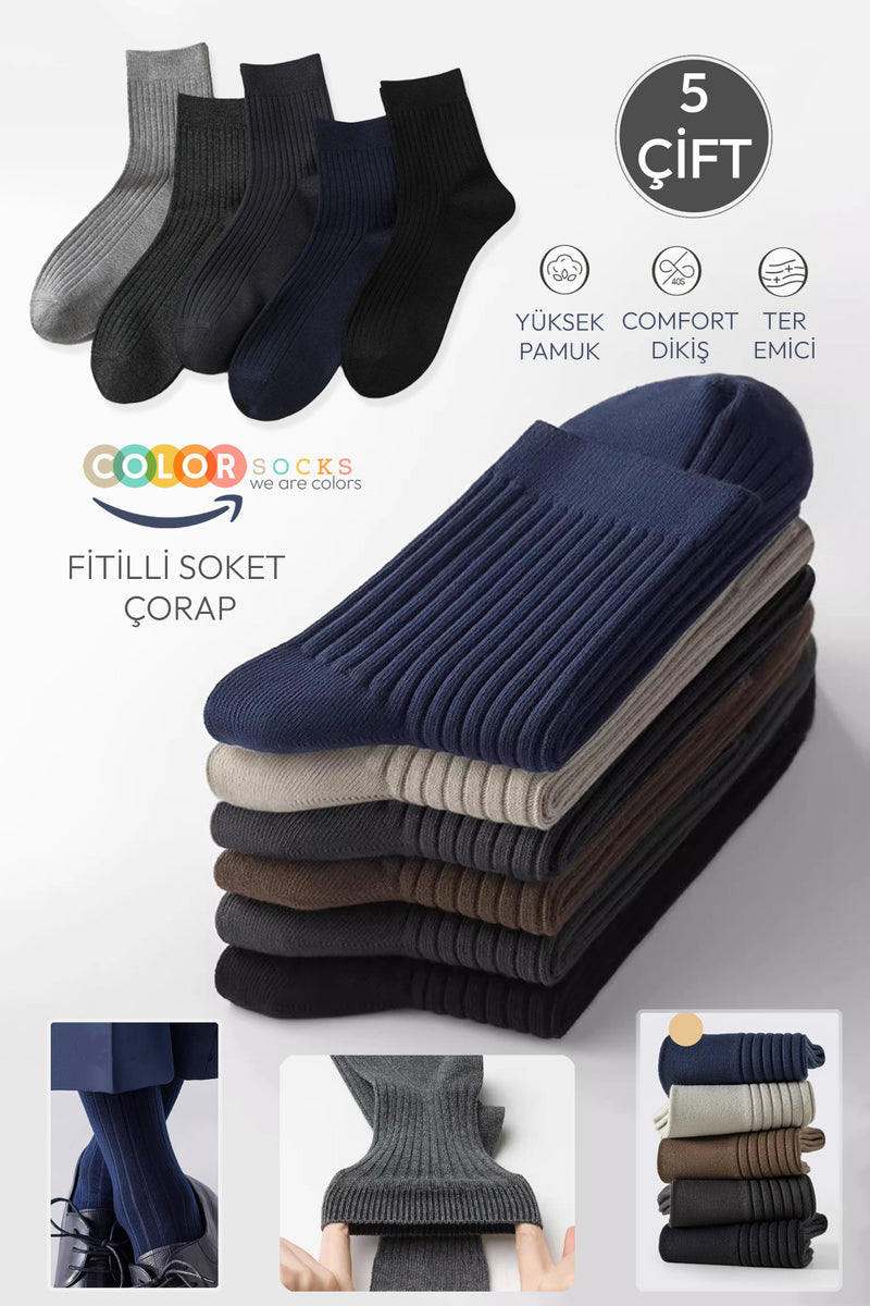 Color Socks 5 Çift Erkek Çorap Basic Fitilli Pamuk Soket (YAZLIK ÇORAP) Çok Renkli