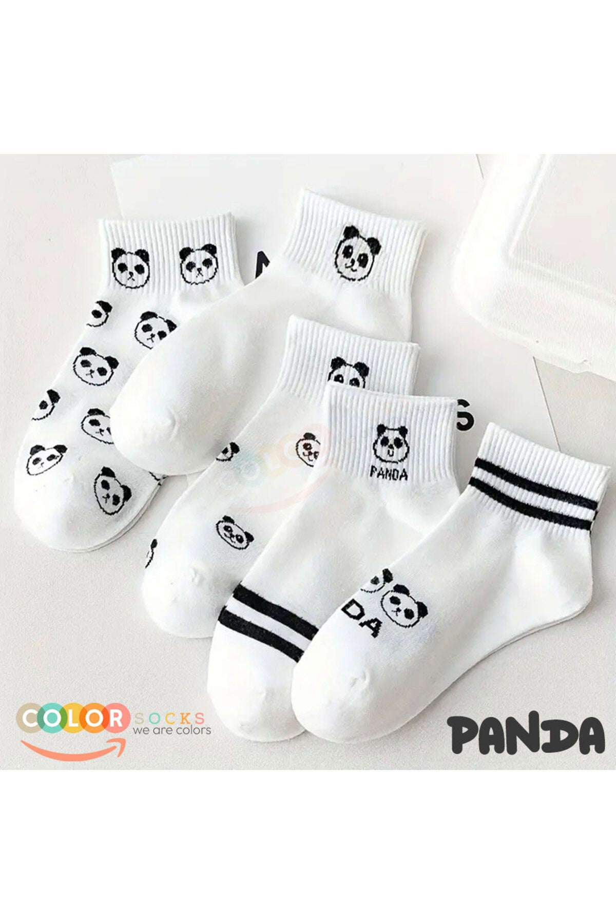 Color Socks 5 Çift Beyaz Panda Desenli Yarım Kolej Kadın Çorap Seti Beyaz