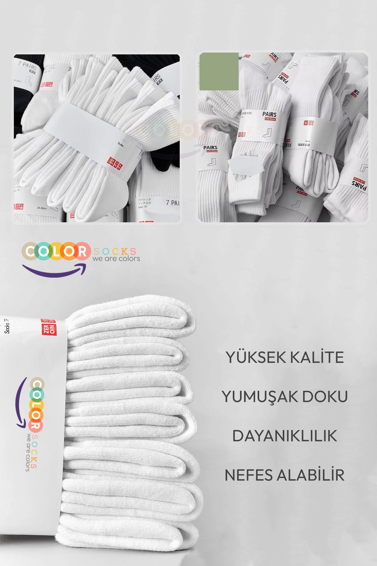 Color Socks 7 Çift Beyaz Soket Tenis Erkek Kadın Çorap Seti Beyaz