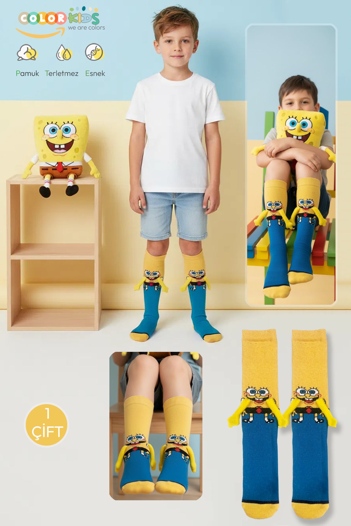 Color Socks 1 Çift SB Sarı Sevimli Kahramanlar Desenli Çocuk Çorap (Topuksuz) Sarı