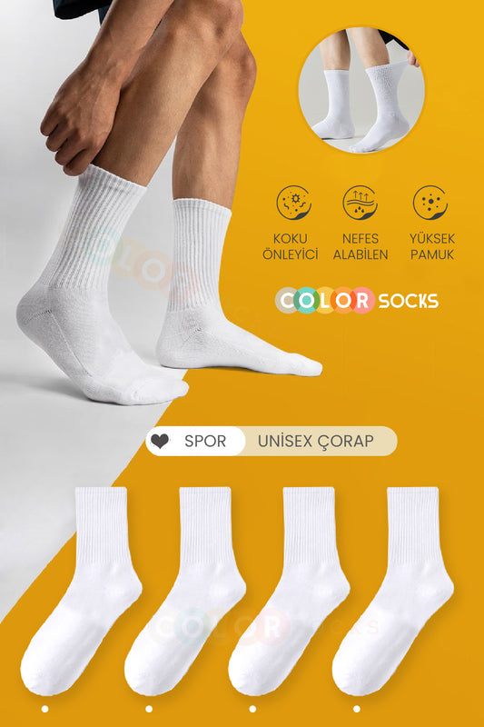 Color Socks 4'lü Unisex Beyaz Spor Fitilli Çorap (Extra Soft) Beyaz