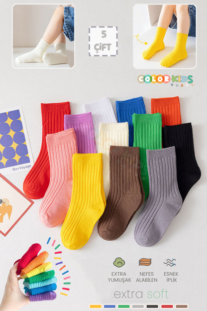 Color Socks 5 Çift Çocuk Ilkbahar - Yaz Soket Çorap Seti Sarı