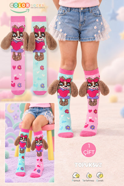 Color Socks 1 Çift Turkuaz & Pembe Peluş Kulaklı Sevimli Köpek Desenli Çorap (TOPUKSUZ) Çok Renkli